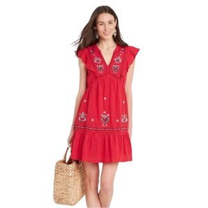 Knox Rose Women Red Large Sleeveless Ruffle Embroidered Tunic Flutter Dress